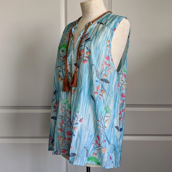 Aratta Sleeveless Top Neck Tie Closure Tassel Lightweight Floral Blue XL NWT - Picture 13 of 16